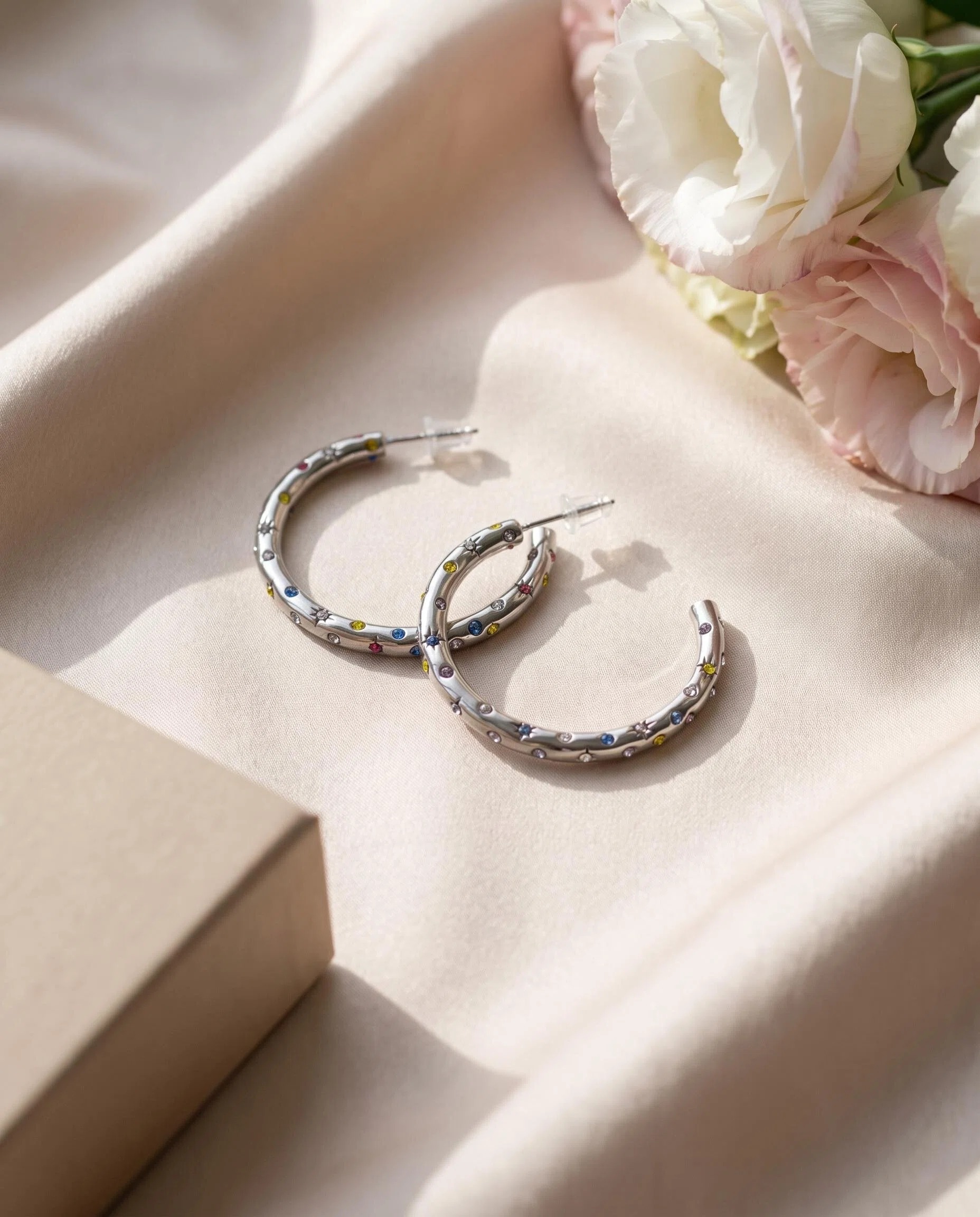 Silver-Tone Multicolor Crystal Hoop Earrings