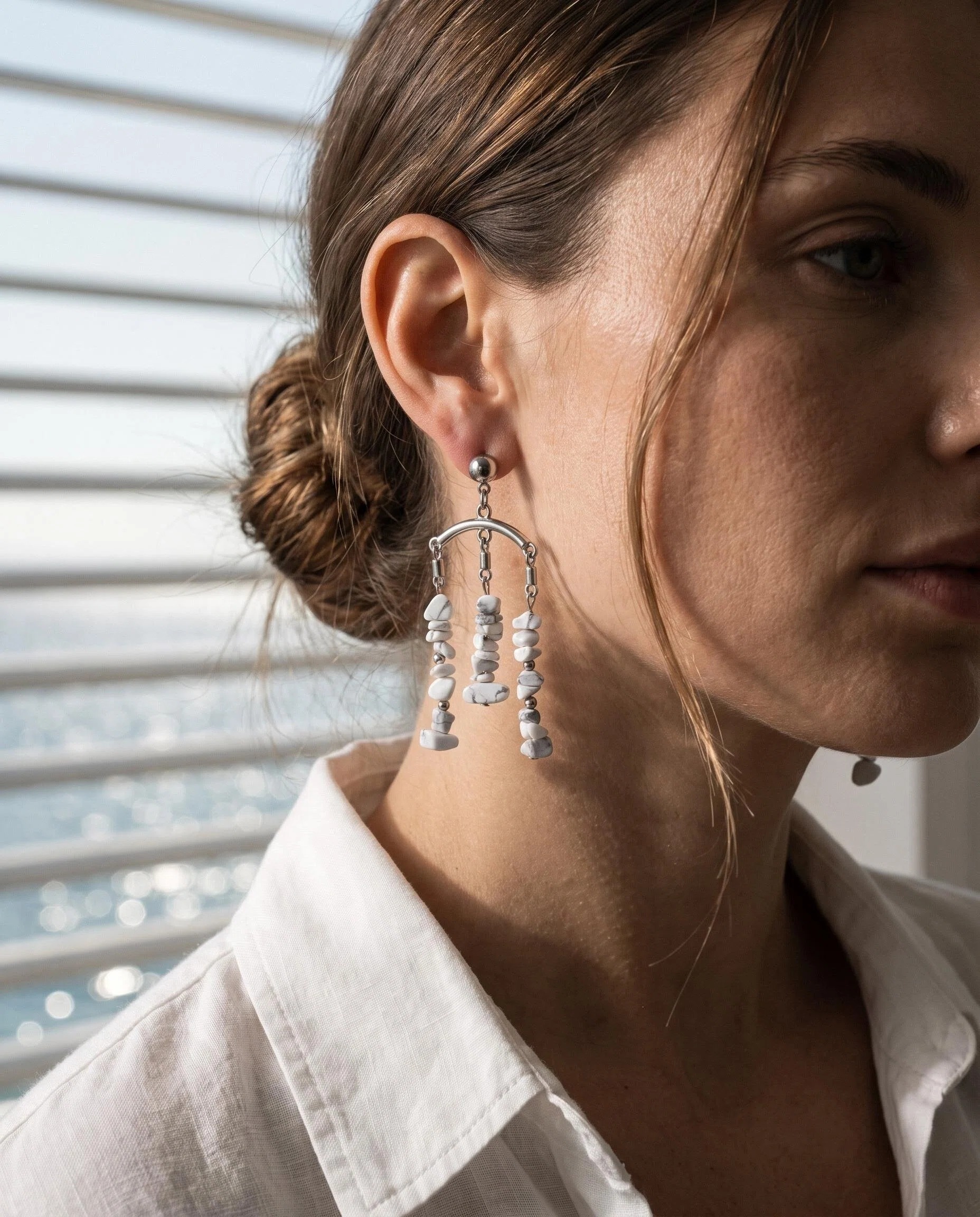 Silver-Tone White Beaded Chandelier Earrings