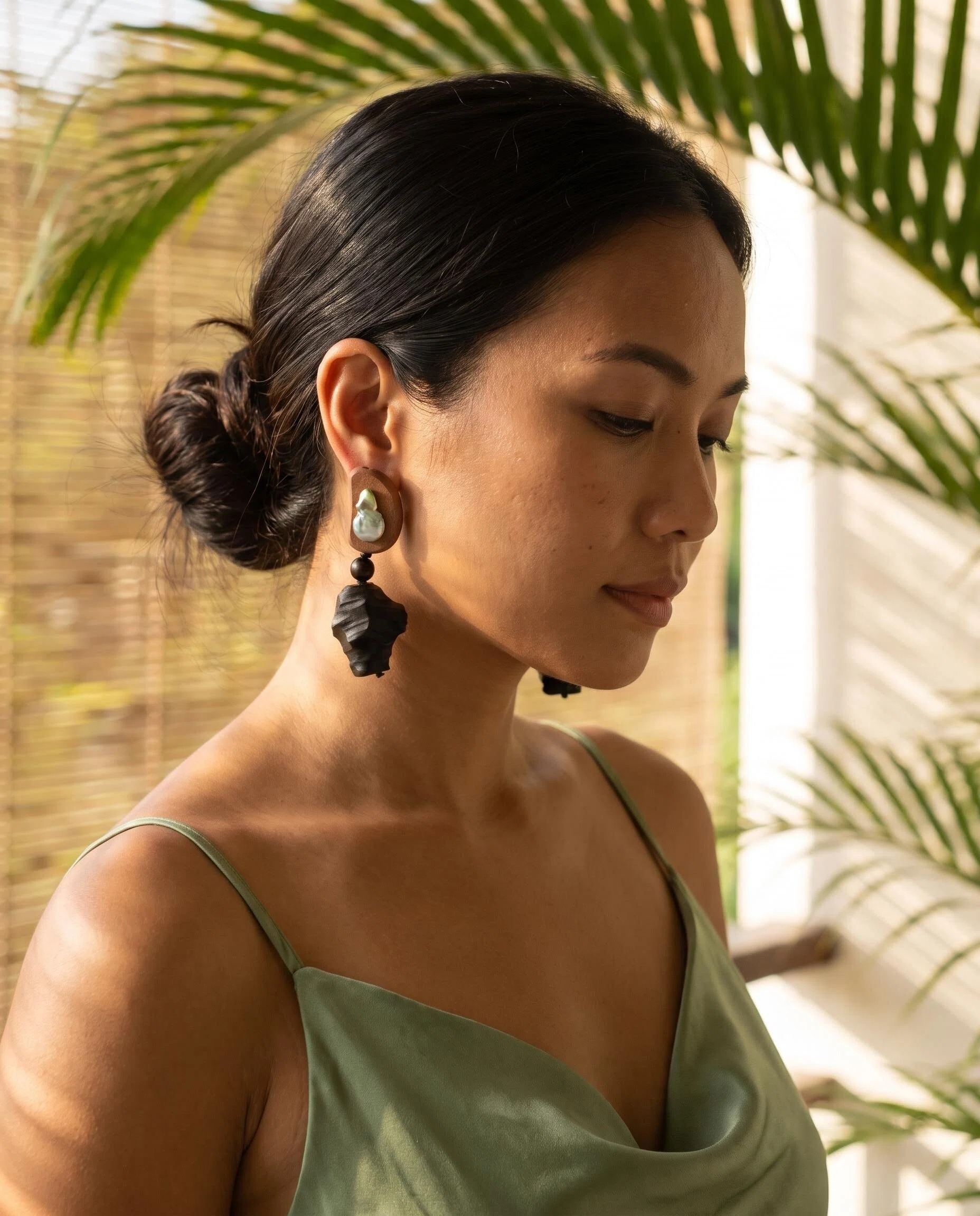 Wood-Look Black Carved Drop Earrings