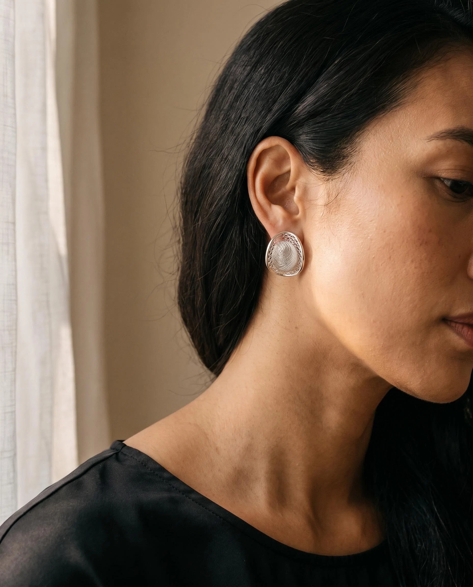Silver-Tone Woven Oval Stud Earrings