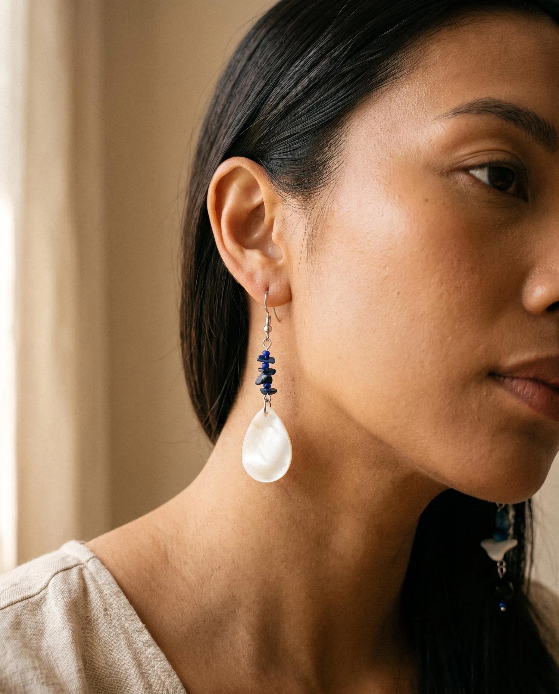 Asymmetric Blue Shell-Look Drop Earrings