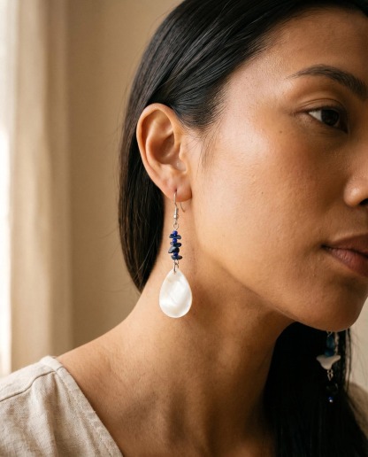 Asymmetric Blue Shell-Look Drop Earrings