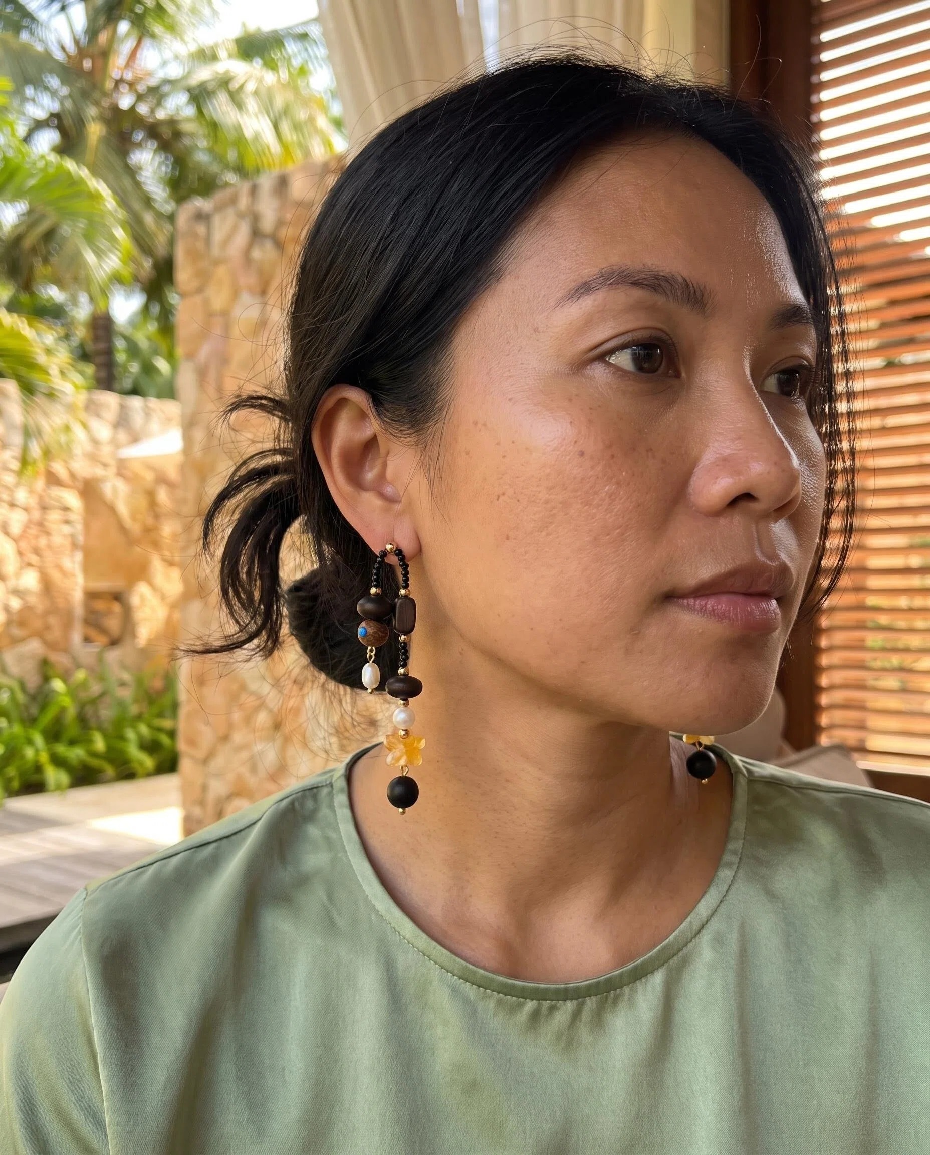 Black Amber Beaded Long Drop Earrings