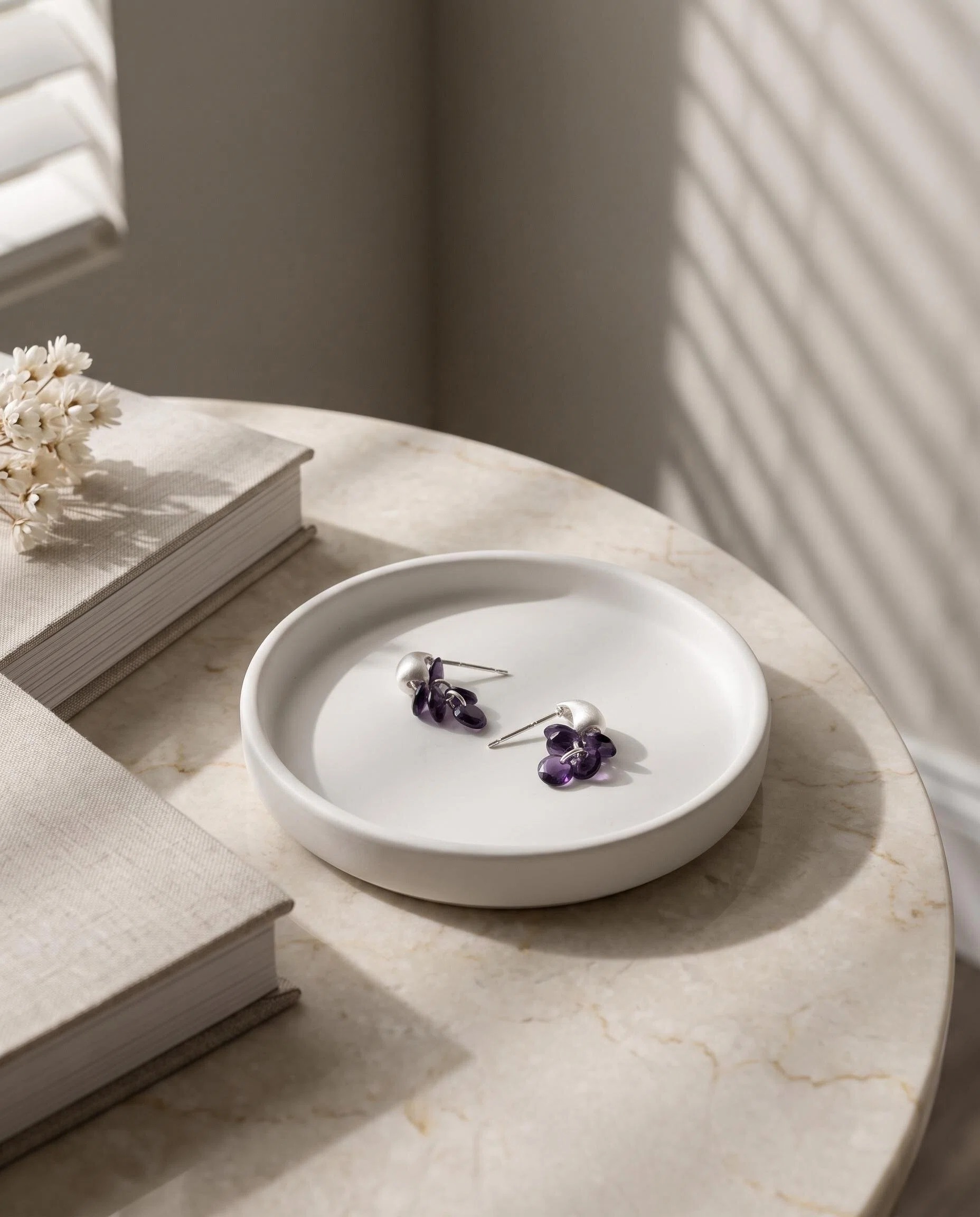 Silver-Tone Purple Petal Cluster Earrings