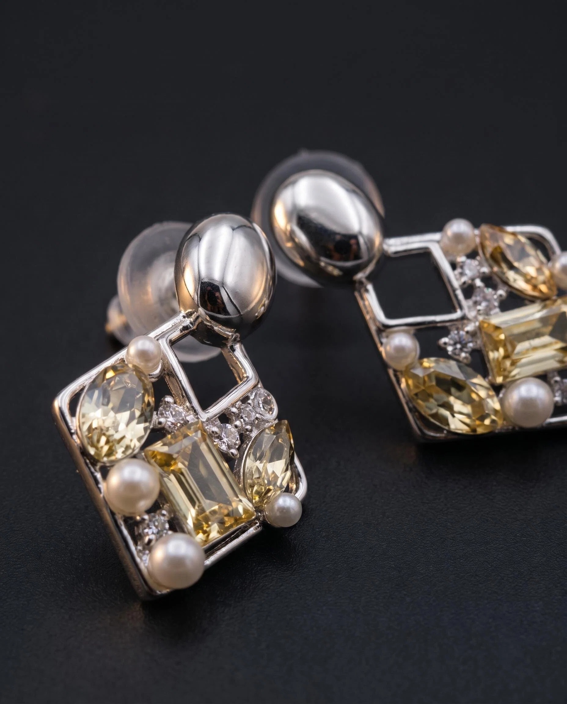 Silver-Tone Geometric Pearl-Look Drop Earrings