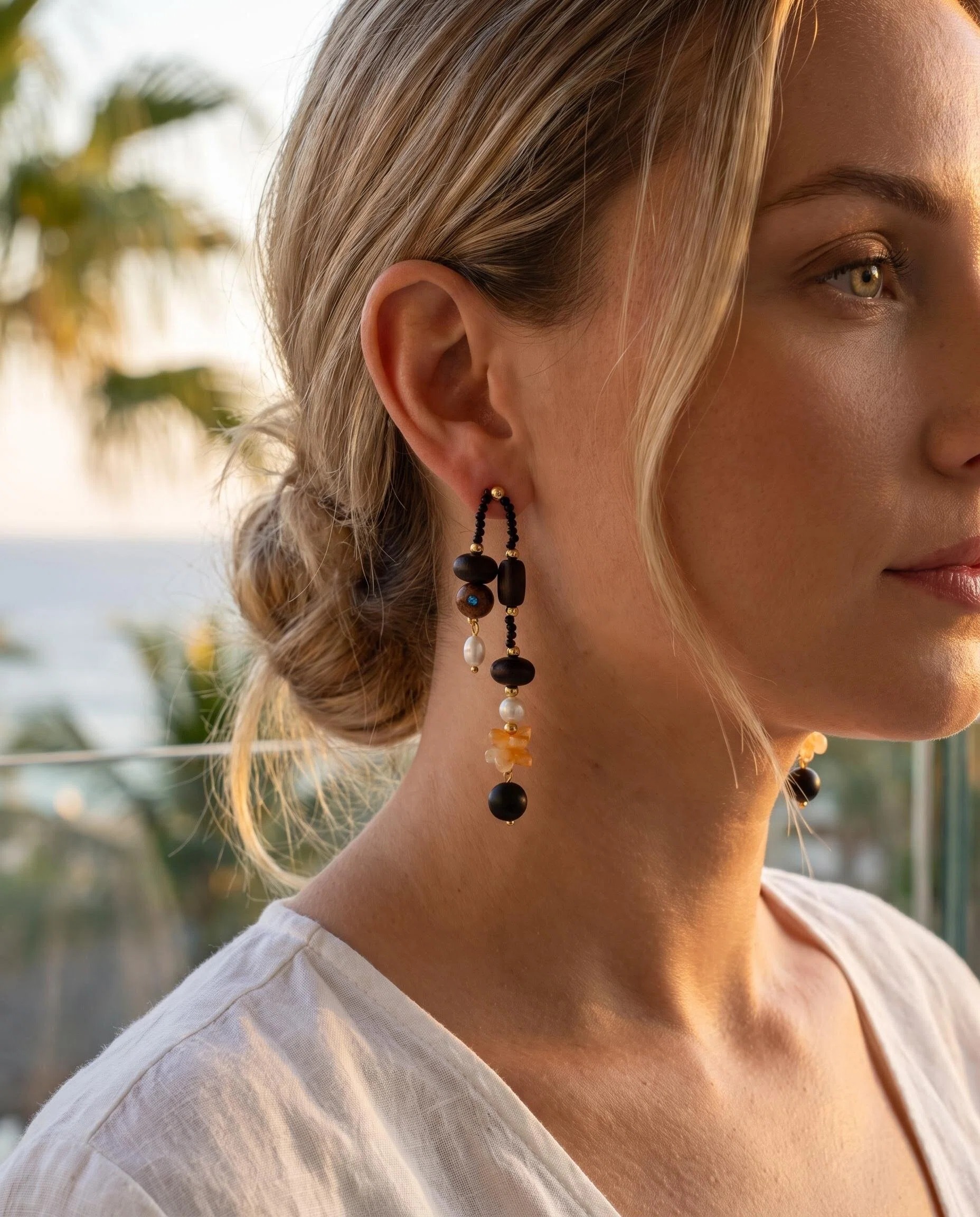 Black Amber Beaded Long Drop Earrings
