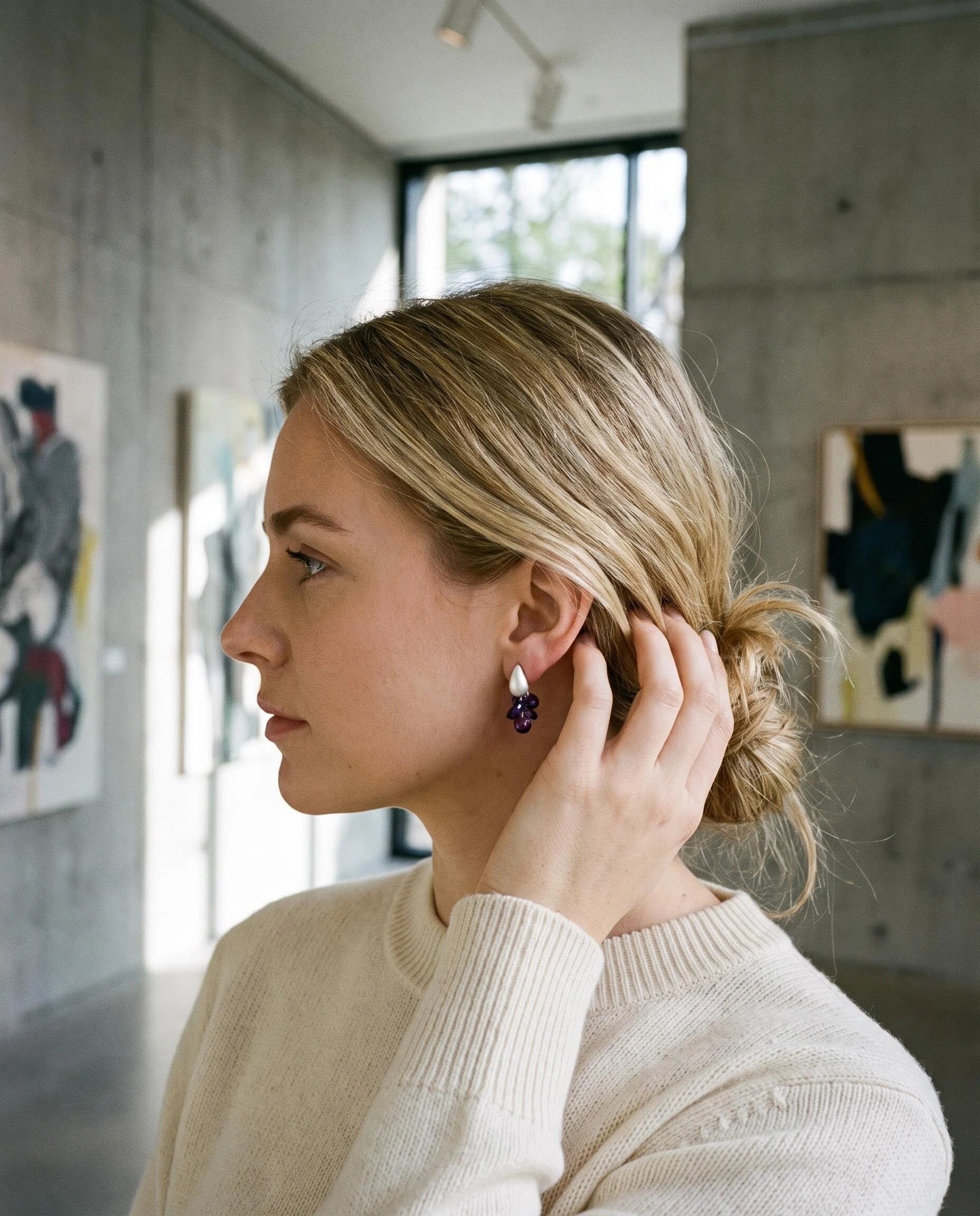 Silver-Tone Purple Petal Cluster Earrings