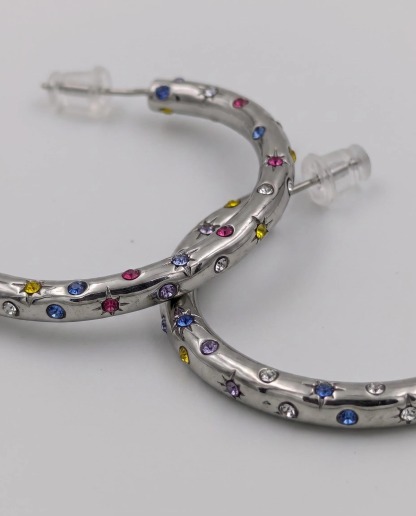 Silver-Tone Multicolor Crystal Hoop Earrings