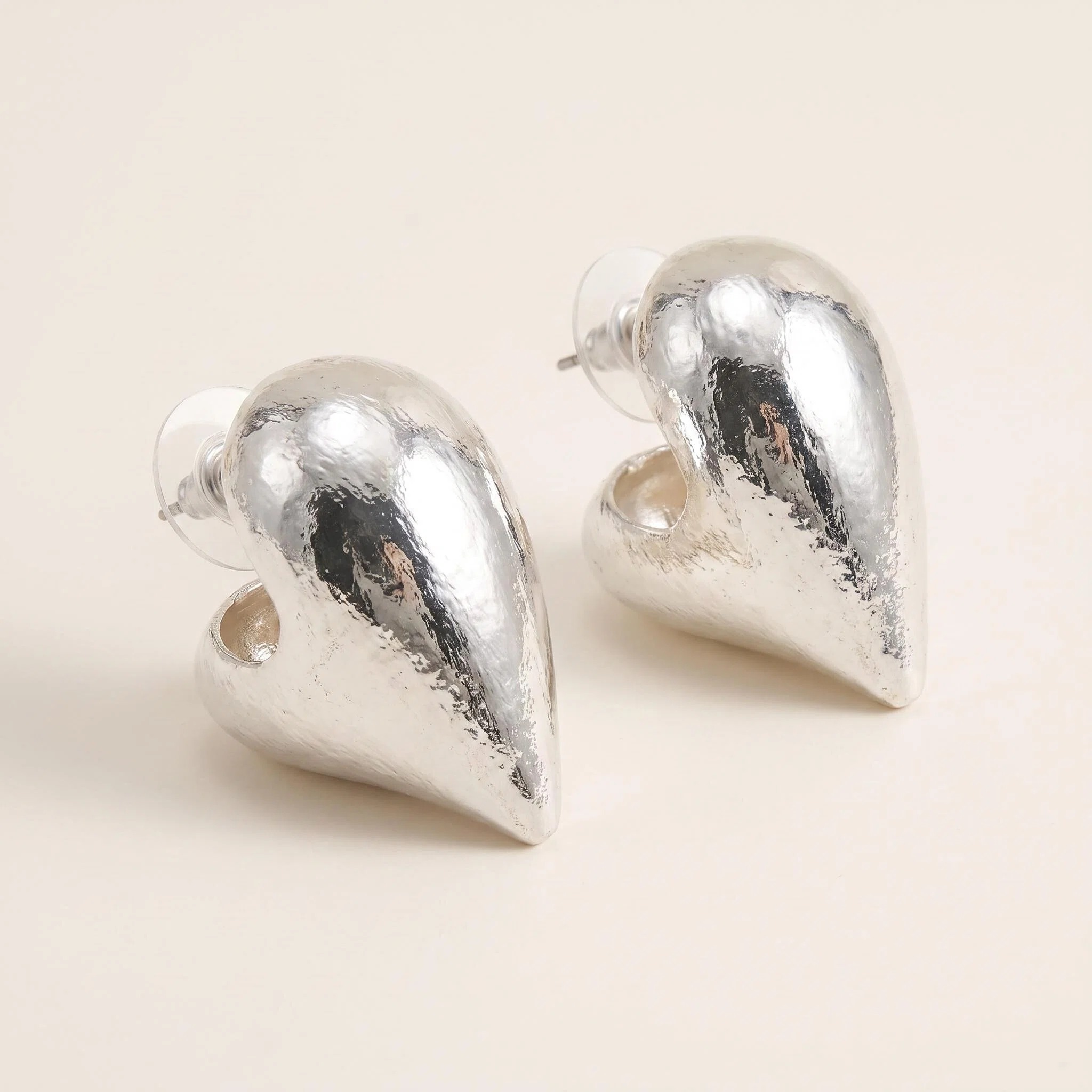 Silver-Tone Sculptural Heart Stud Earrings