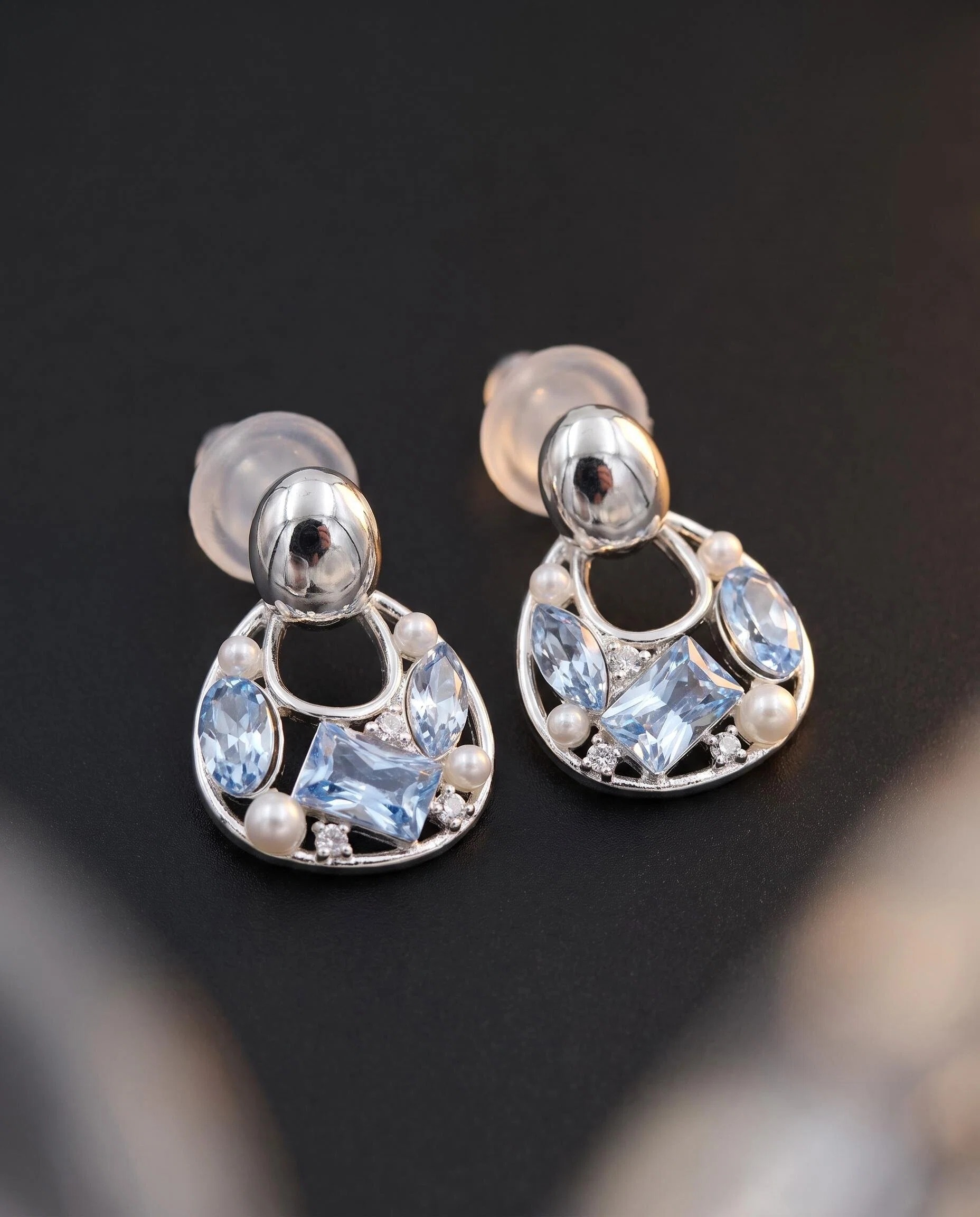 Silver-Tone Blue Crystal Circle Drop Earrings