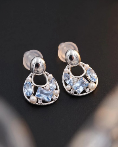 Silver-Tone Blue Crystal Circle Drop Earrings