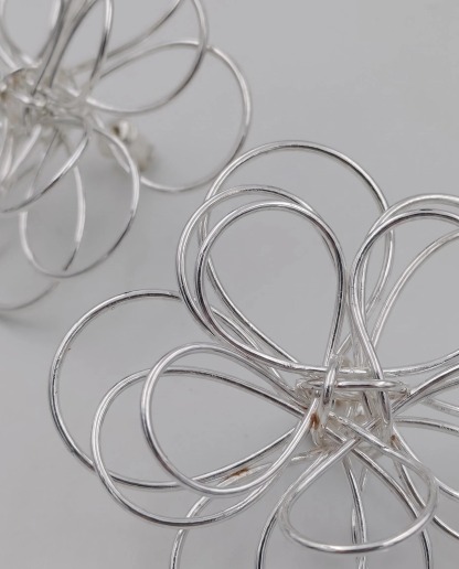 Silver-Tone Wire Flower Statement Stud Earrings