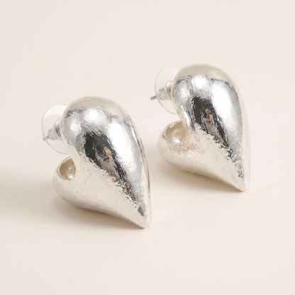 Silver-Tone Sculptural Heart Stud Earrings