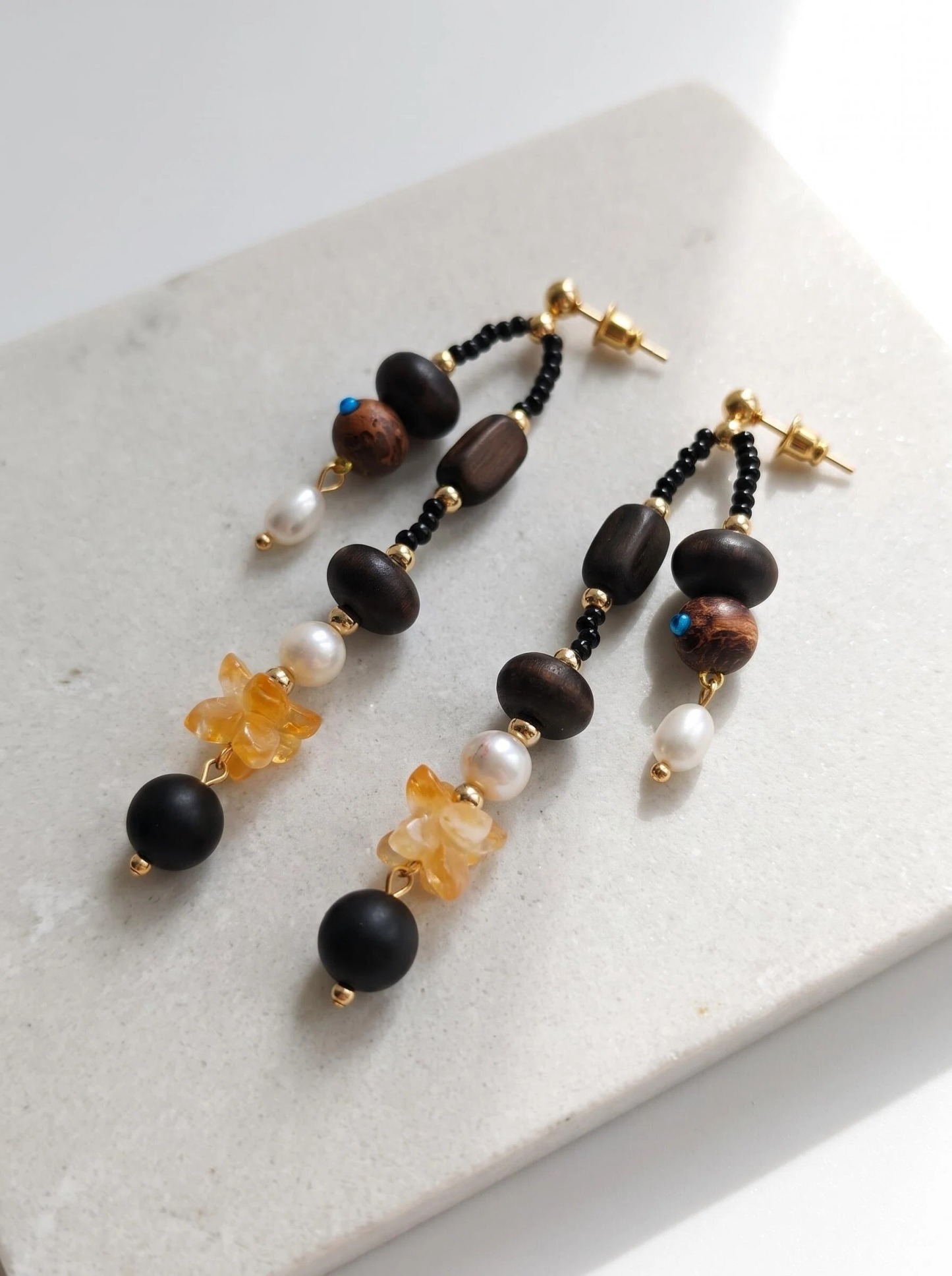 Black Amber Beaded Long Drop Earrings