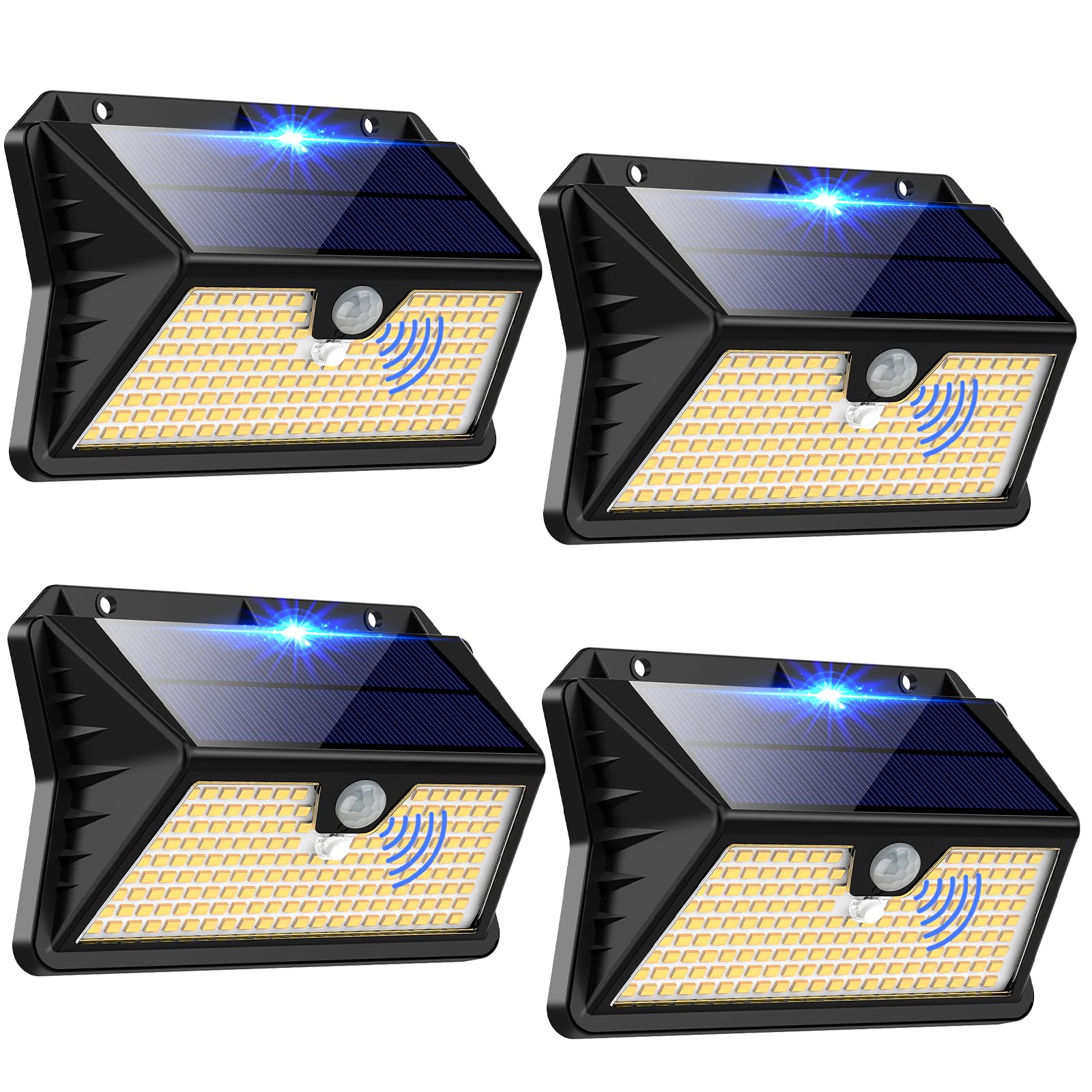 Luz Solar Exterior, 4 Pack 185 LED 3 Modos Foco Solar Exterior con Sensor de Movimiento, IP65 Impermeable Luz Exterior para Jardín, Garaje, Calle, Patio, Sendero (Blanco Frío).