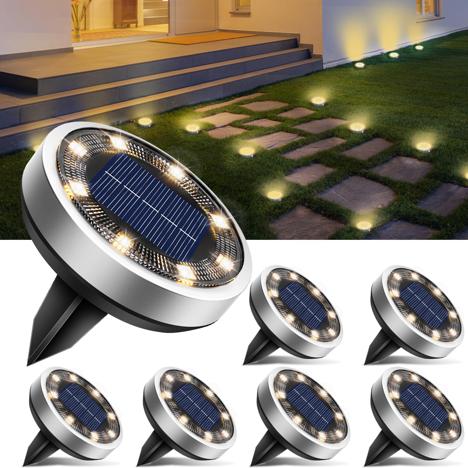 LED solar al aire libre Solar Jardín Luces de tierra, 8pcs LED al aire libre Solar Jardín Luces, IP65 a prueba de agua Solar Luces de tierra para el camino, césped, patio, terraza (blanco cálido).