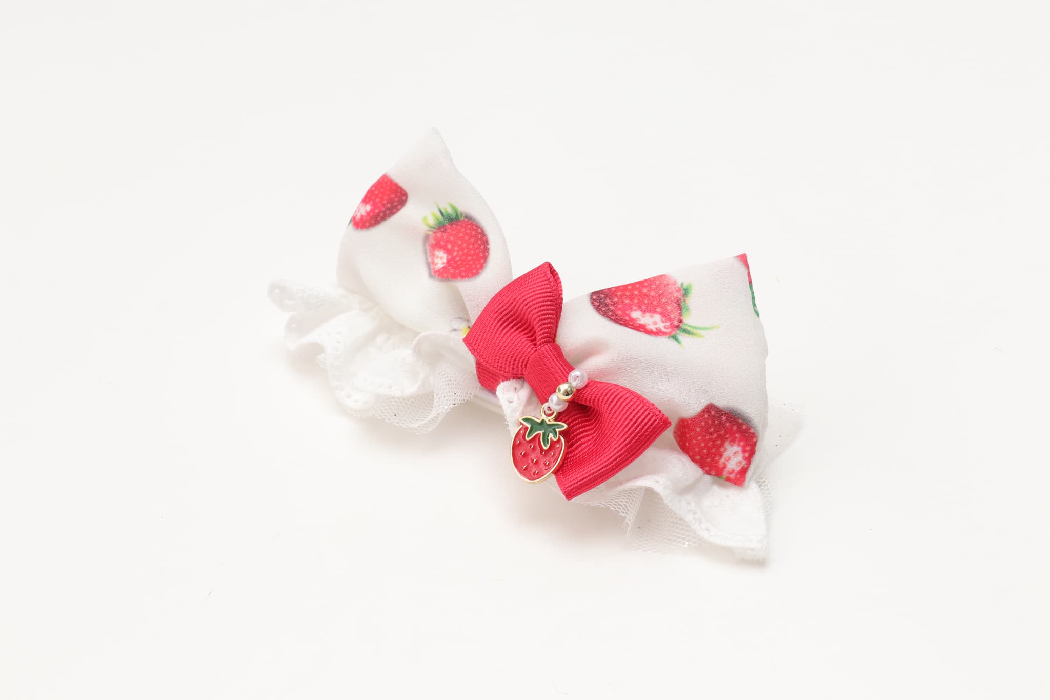 いちご柄カチューシャ風バレッタリボン
