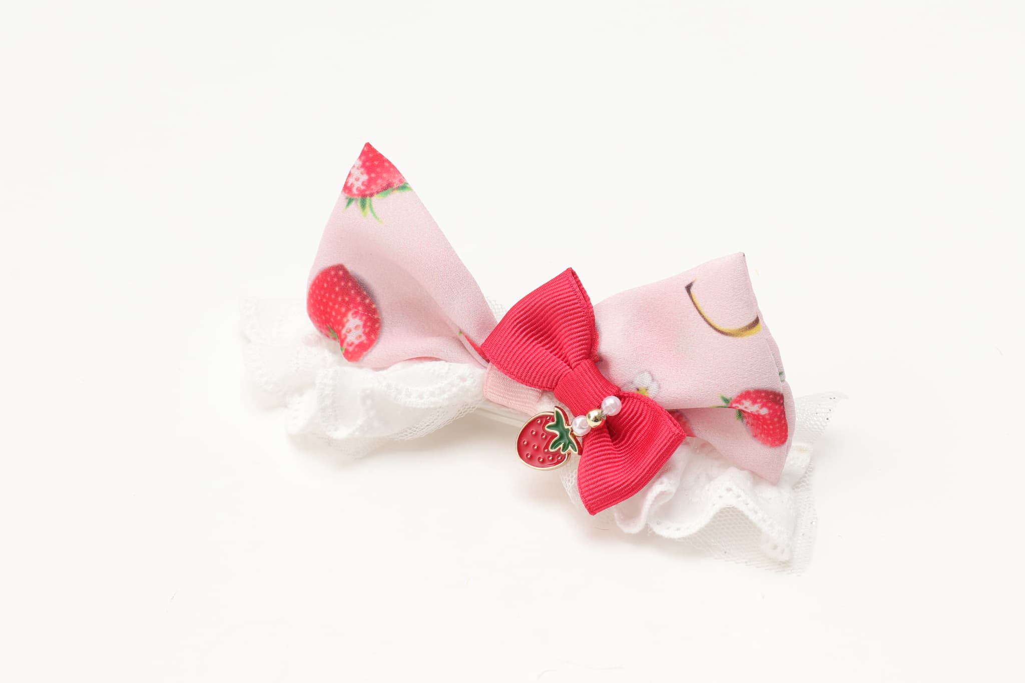 いちご柄カチューシャ風バレッタリボン