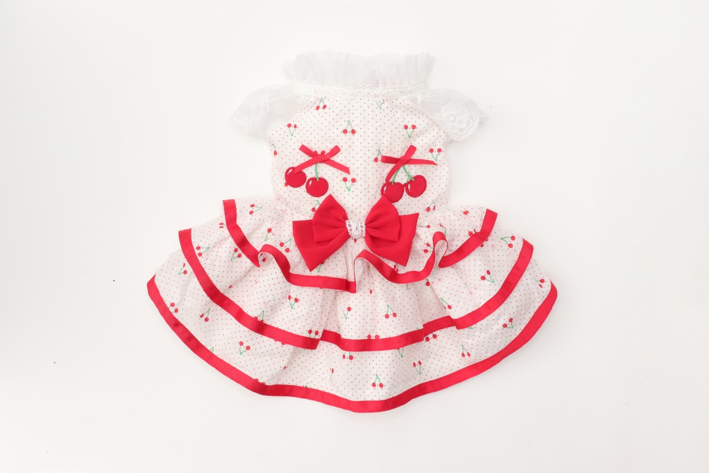 犬 犬服 春夏 さくらんぼフレアーワンピース レース さくらんぼアップリケ チェリー かわいい フリフリ 軽い 涼しい 小型犬 女の子 レッド ピンク 01-1155