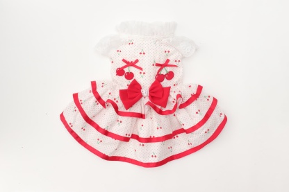 犬 犬服 春夏 さくらんぼフレアーワンピース レース さくらんぼアップリケ チェリー かわいい フリフリ 軽い 涼しい 小型犬 女の子 レッド ピンク 01-1155