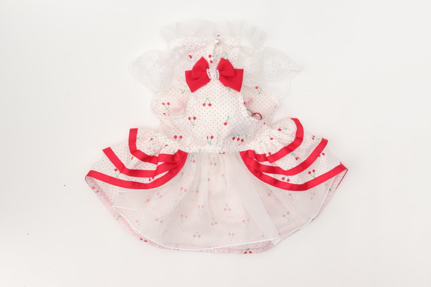 犬 犬服 春夏 さくらんぼフレアーワンピース レース さくらんぼアップリケ チェリー かわいい フリフリ 軽い 涼しい 小型犬 女の子 レッド ピンク 01-1155