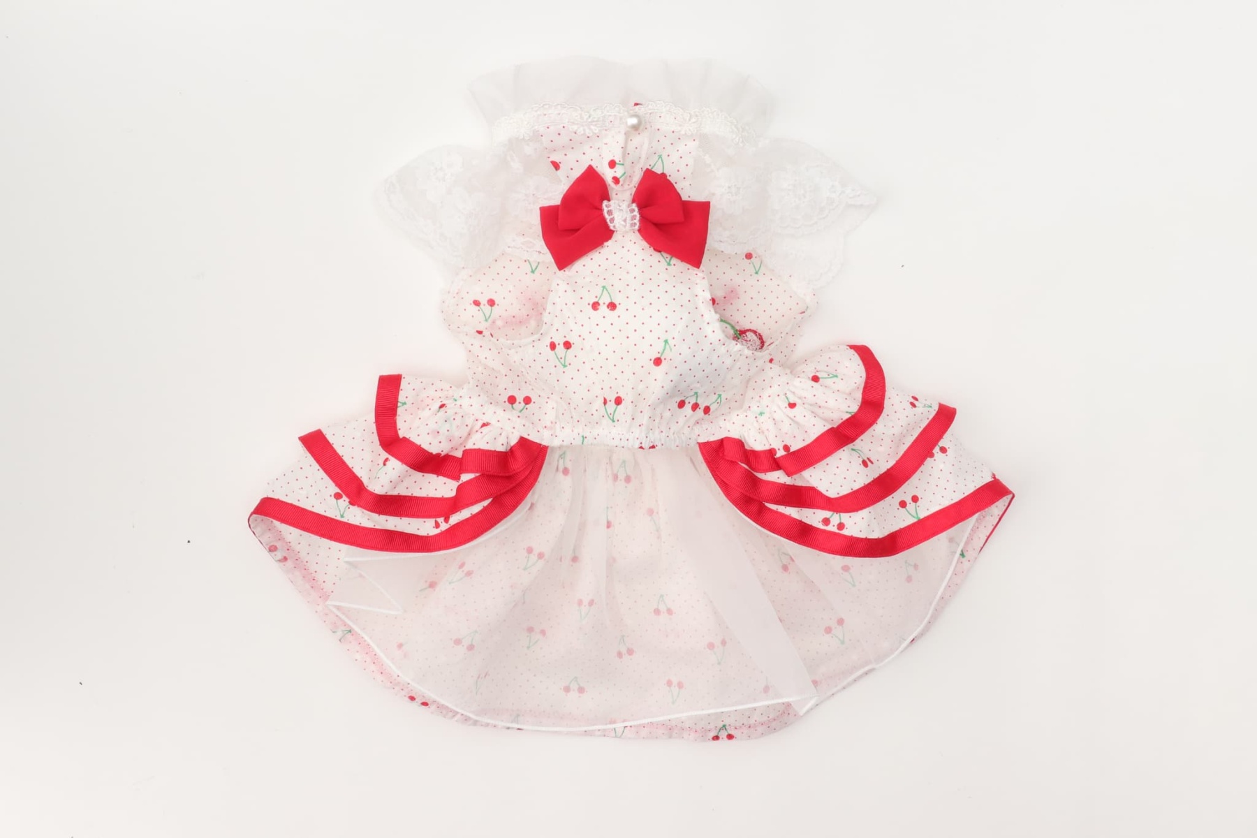 犬 犬服 春夏 さくらんぼフレアーワンピース レース さくらんぼアップリケ チェリー かわいい フリフリ 軽い 涼しい 小型犬 女の子 レッド ピンク 01-1155