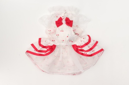 犬 犬服 春夏 さくらんぼフレアーワンピース レース さくらんぼアップリケ チェリー かわいい フリフリ 軽い 涼しい 小型犬 女の子 レッド ピンク 01-1155