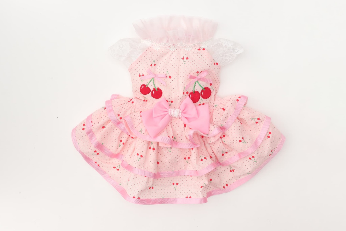 犬 犬服 春夏 さくらんぼフレアーワンピース レース さくらんぼアップリケ チェリー かわいい フリフリ 軽い 涼しい 小型犬 女の子 レッド ピンク 01-1155