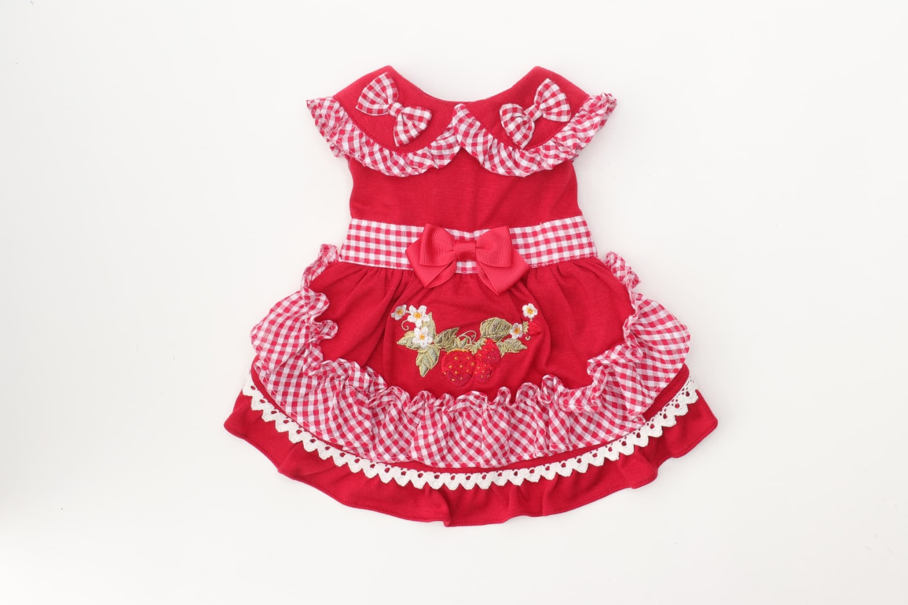 犬 犬服 春 レトロいちごギンガムフリルワンピース ストロベリー 刺繍 ギンガムチェック かわいい フリフリ 小型犬 ドックウェア レッド 