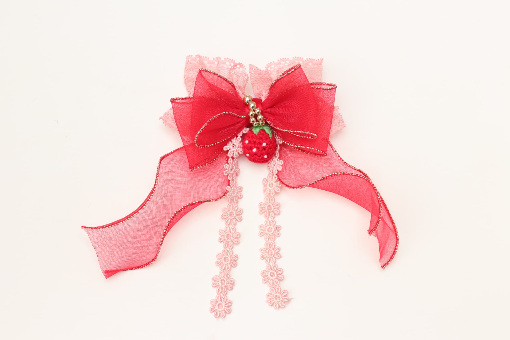 LB-322いちごオーガンジーフリルバレッタリボン レッド