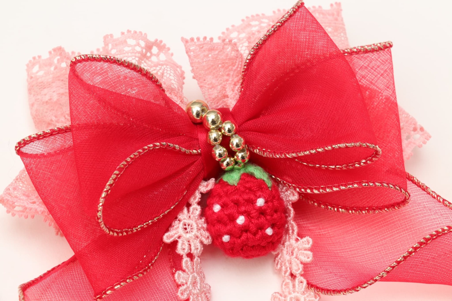 LB-322いちごオーガンジーフリルバレッタリボン レッド