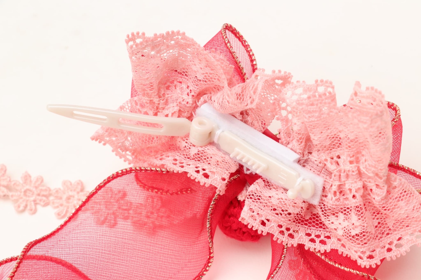 LB-322いちごオーガンジーフリルバレッタリボン レッド