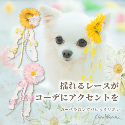 犬 アクセサリー 春 ガーベラロングバレッタリボン ロング ヘアアクセ イースター ガーベラ お花 ギフト プレゼント 小型犬 犬服 撮影 イエロー ピンク LB-300