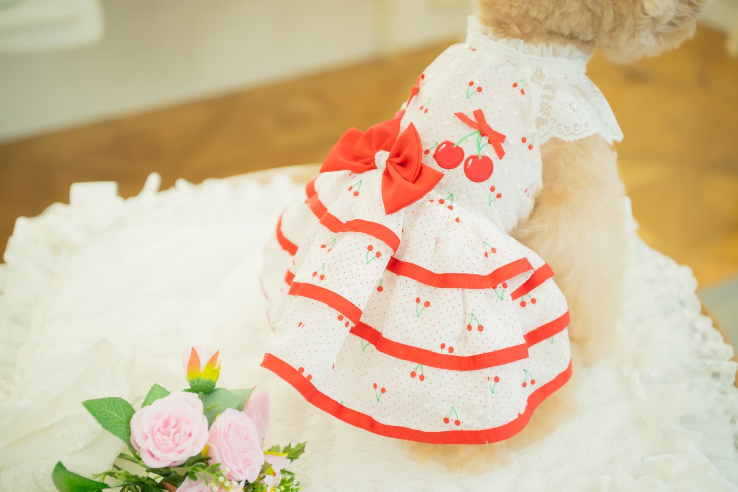犬 犬服 春夏 さくらんぼフレアーワンピース レース さくらんぼアップリケ チェリー かわいい フリフリ 軽い 涼しい 小型犬 女の子 レッド ピンク 01-1155