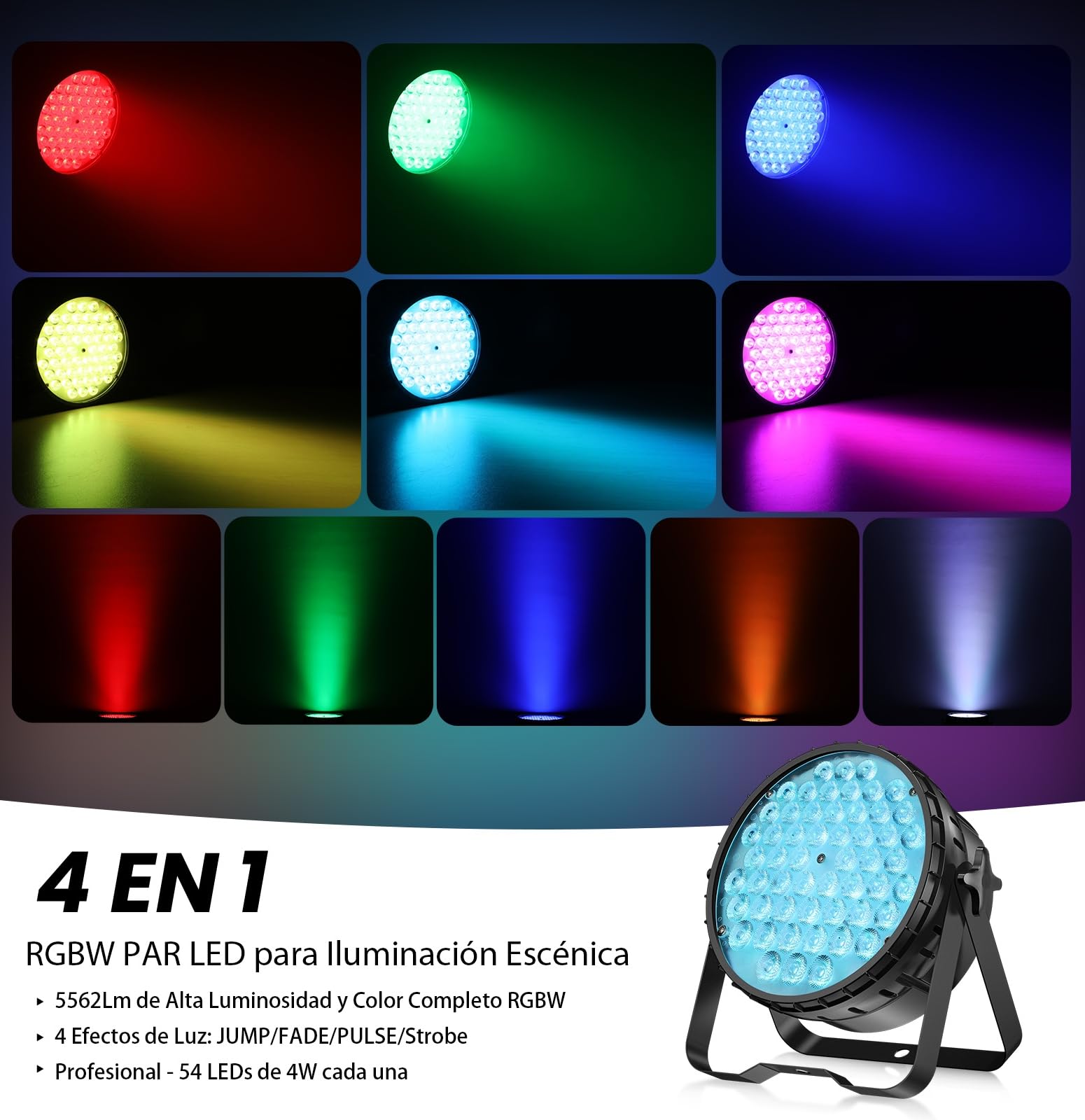 Luces de escenario, 4en1 Luces de escenario LED superbrillantes, hasta 5000 Lm, CRI/RA>90 para fiestas, discotecas, DJs, fotografía, bodas y conciertos [Clase de eficiencia energética F].