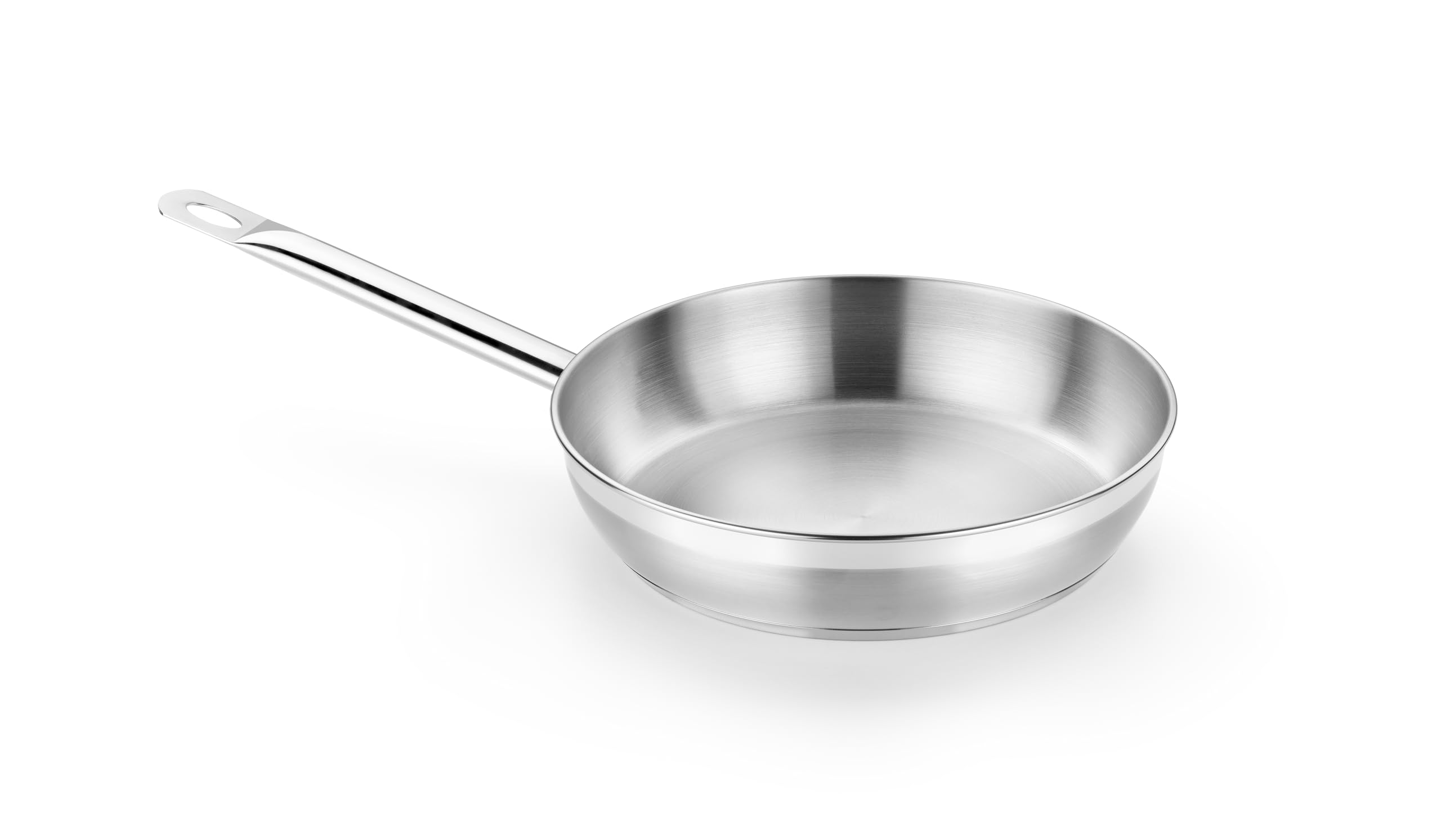 Sartén profesional, 20 cm, acero inoxidable 18/10, triple difusor en el fondo, sin revestimiento antiadherente, inducción total, mango ergonómico, plata