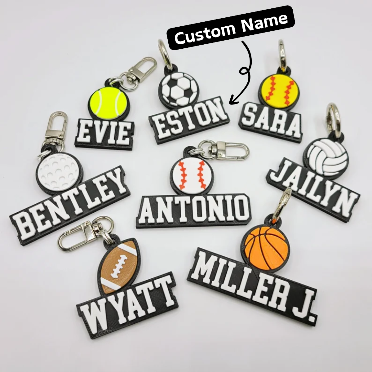 1-Pack Customizable Name & Multi-Sport Choice 3D Printed Plastic Personalized Keychain Keyring Bag Tag, Sporty Theme Multicolor Mini Ball Gift Accessory for Birthdays Anniversaries Graduations Game Days