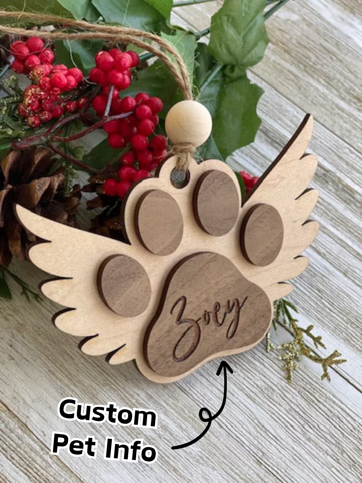 1pc  Personalized Paw Remembrance Ornament for Pet Lovers, Engraved Name, Wooden Pet Memorial Ornament, Rustic Angel Wings Design, Round Shape, Ideal for Christmas, Birthdays, Anniversaries, and Pet Memorial Day