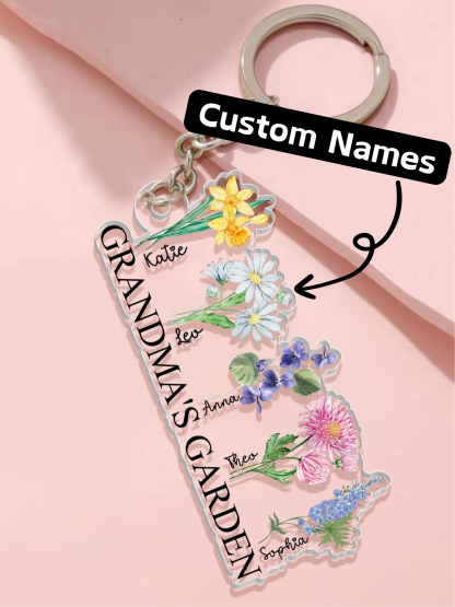 1-Pack Personalized Acrylic Mama Keychain Customizable Title and Names Floral Garden Design Round Shape Mother's Gift with Gift Box Christmas Birthday Mother's Day Present for Mom Grandma Nana Auntie  