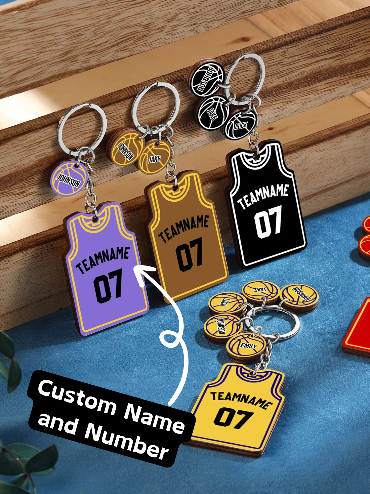 1PC 2.2inch Handmade Wooden Basketball Jersey Keychain, Personalized Custom Name Number Team Sports Key Ring Holder Memorial Gift for Basketball Player Coach Team Fan Birthday Christmas