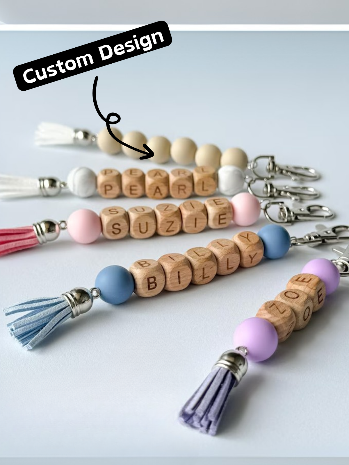 1PC Stretchy Medium Size Personalized Beaded Silicone Wristlet Keychain with Name,Custom Soft Touch Bracelet Key Holder for Women, Round Chunky Beads with Wooden Letter Cubes and Tassel, Minimalist Pastel Style in Multiple Colors, Functional Key Ring for 