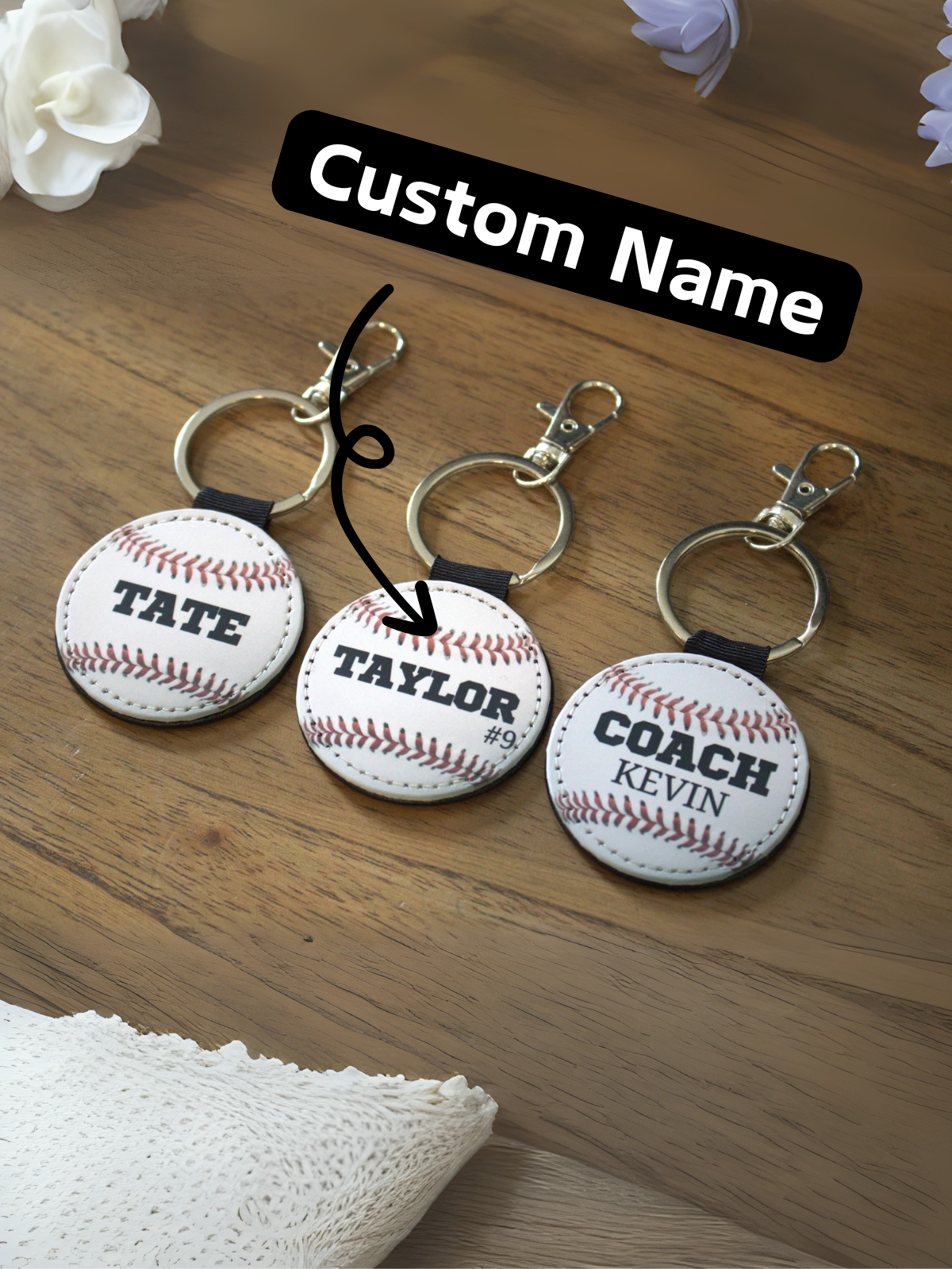 1PC Compact Custom Name Baseball Keychain,Personalized Faux Leather Sports Key Ring for Him, Classic Baseball Stitch Design with Engraved Name or Jersey Number, Durable Handmade Round Key Fob with Red Stitch Embroidery, Minimalist Sports Gift for Coach, T