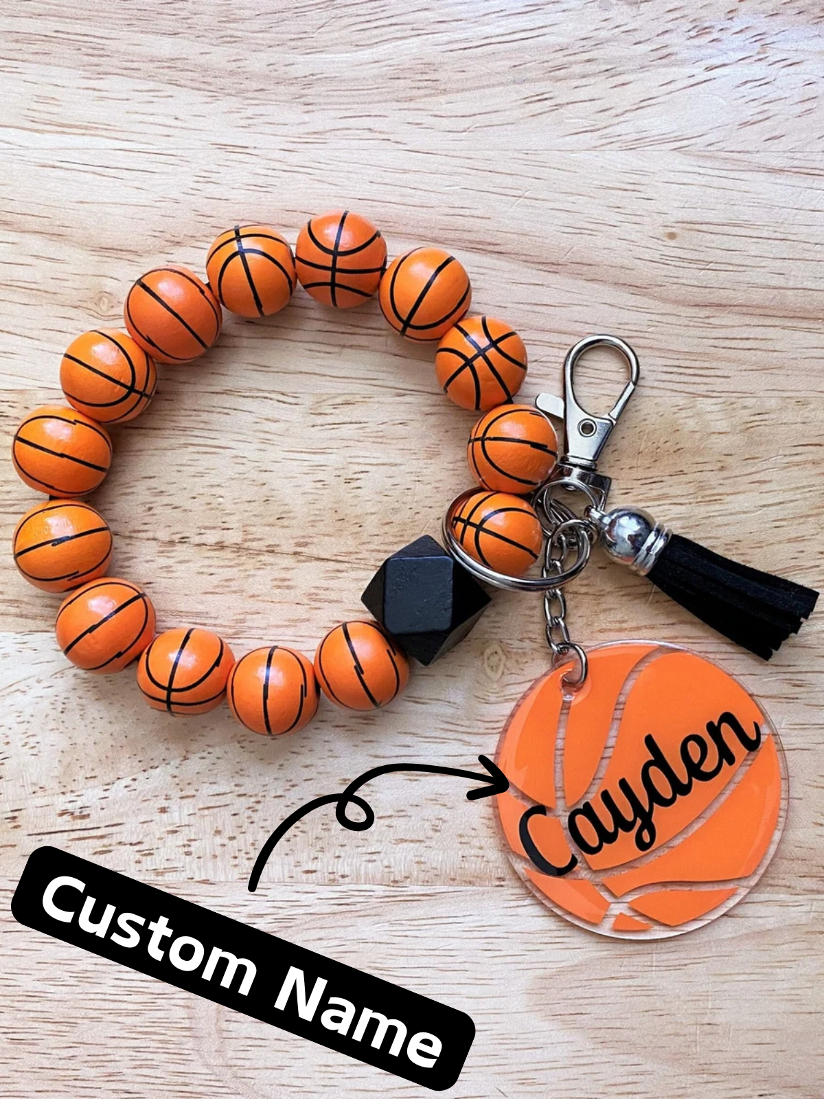 1 pcs Custom Basketball Wristlet Keychain, Personalized Name Wood Bead Bracelet for Sports Fans, Coaches & Players