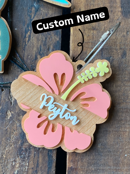 1 pcs Hawaii Luggage Tag, Hibiscus Flower Keychain, Personalized Luggage Tag, Custom Bag Tag Suitcase, Backpack Name Tag, Summer Keychains