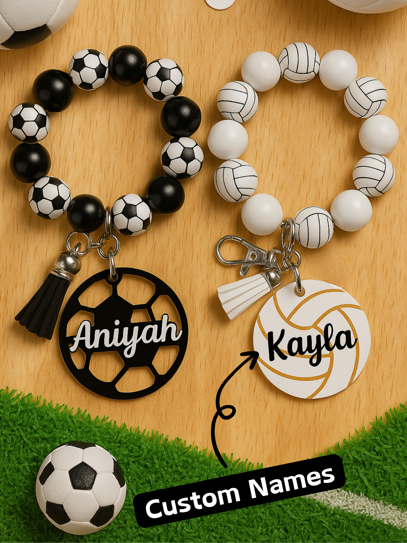 1 Piece Custom Name Sports Keychain Wristlet – Personalized Wood Bead Bracelet with Football & Volleyball Print, Name Engraved Wrist Strap, Gift for Athletes, Fans, or Coaches