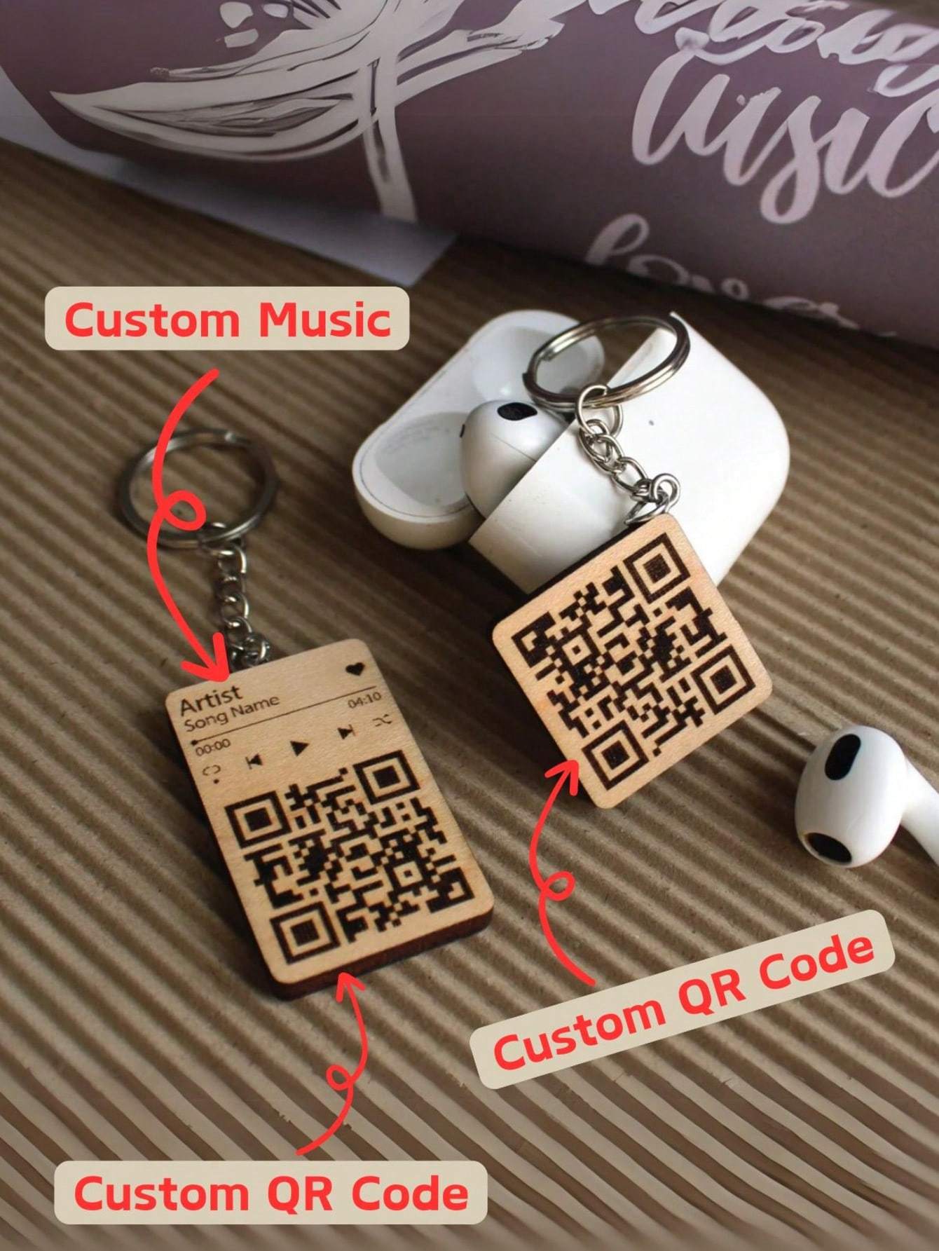 1pc Customizable Scannable  Wooden QR Code Music Keychain - Personalized Music Gift, Minimalist Natural Wood Rectangular Keyring with Engraved Details, Custom Song Code for Anniversaries, Birthdays, or Fans