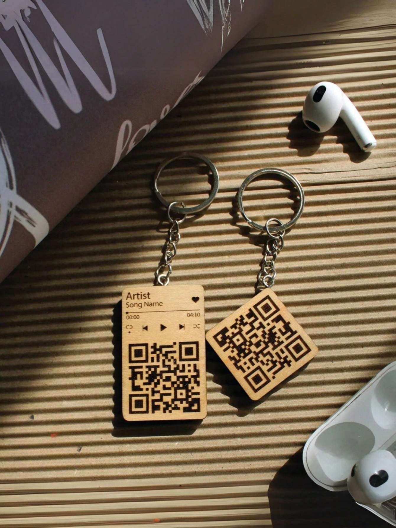1pc Customizable Scannable  Wooden QR Code Music Keychain - Personalized Music Gift, Minimalist Natural Wood Rectangular Keyring with Engraved Details, Custom Song Code for Anniversaries, Birthdays, or Fans