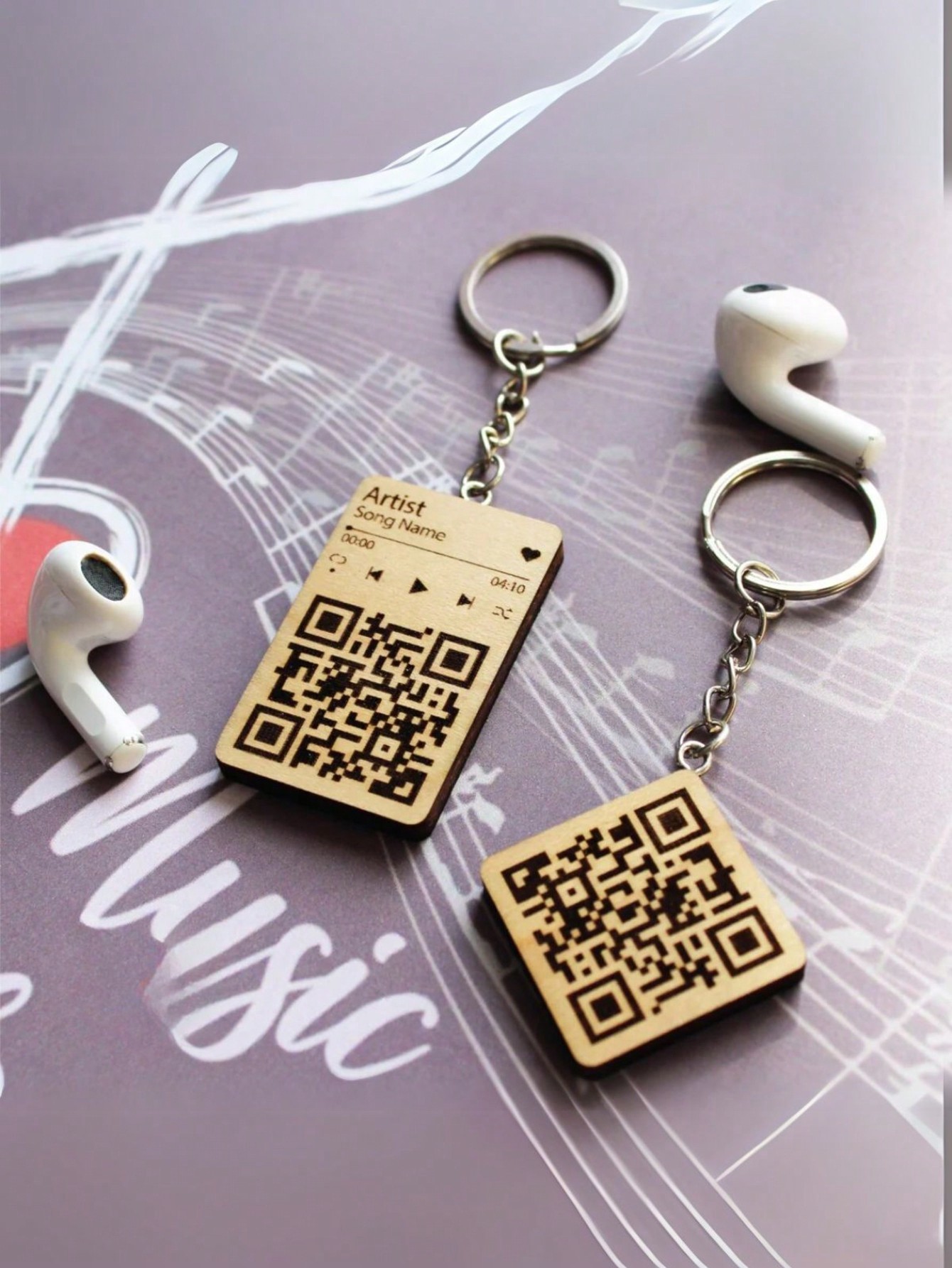 1pc Customizable Scannable  Wooden QR Code Music Keychain - Personalized Music Gift, Minimalist Natural Wood Rectangular Keyring with Engraved Details, Custom Song Code for Anniversaries, Birthdays, or Fans