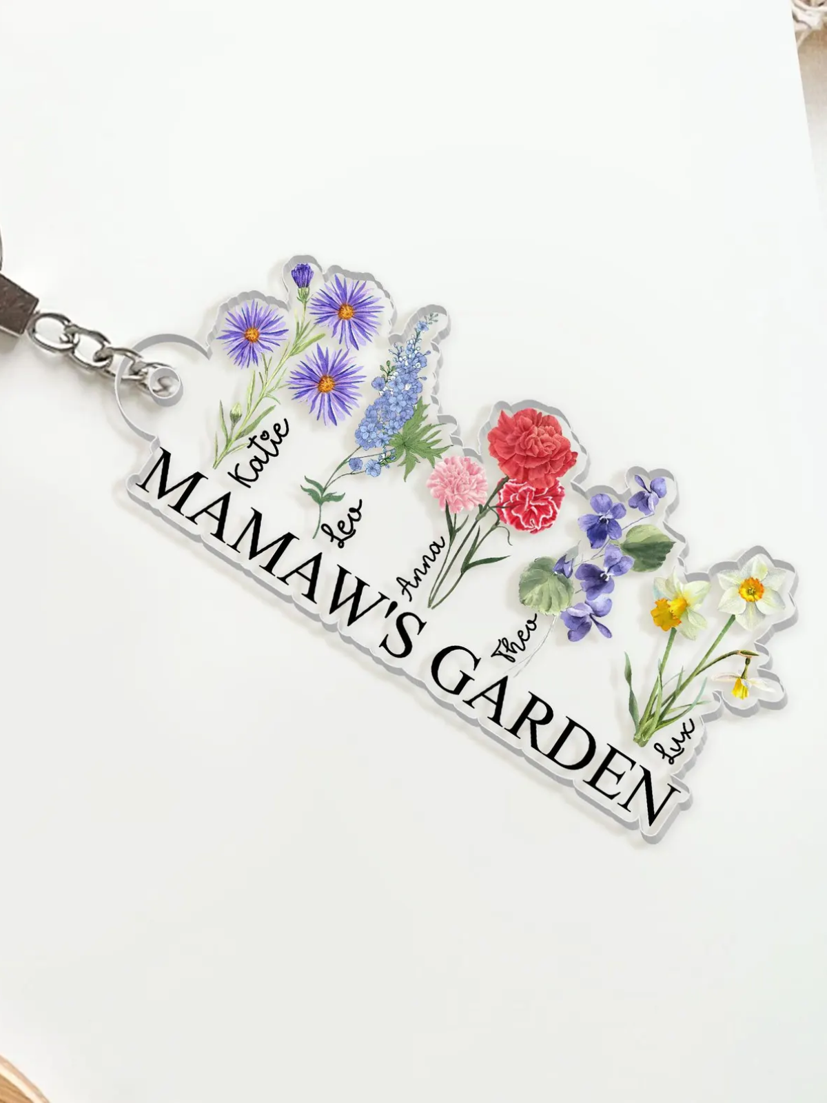 1-Pack Personalized Acrylic Mama Keychain Customizable Title and Names Floral Garden Design Round Shape Mother's Gift with Gift Box Christmas Birthday Mother's Day Present for Mom Grandma Nana Auntie  