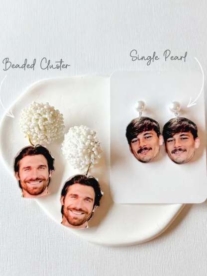 1 Pair Custom Photo Fiancé Face Wedding Earrings, Elegant Bridal Style Customizable Portrait/Color Round Shape with Photo Charm Accents, Hypoallergenic Lightweight Personalized Bride-to-Be Jewelry for Weddings/Bachelorette/Anniversaries